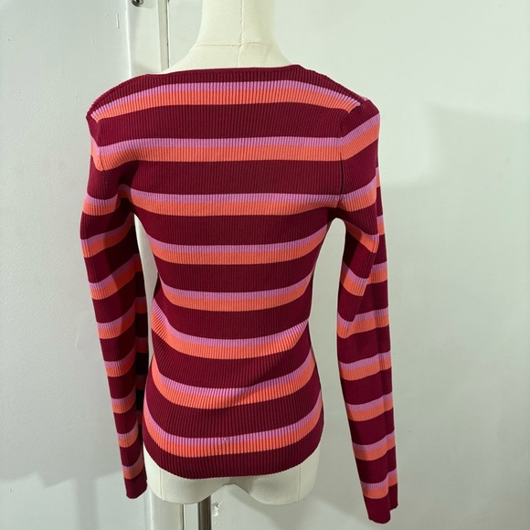 Striped Square Neck Sweater Pink Orange Burgundy Y2K Sz S 90s Retro Casual - Picture 8 of 8